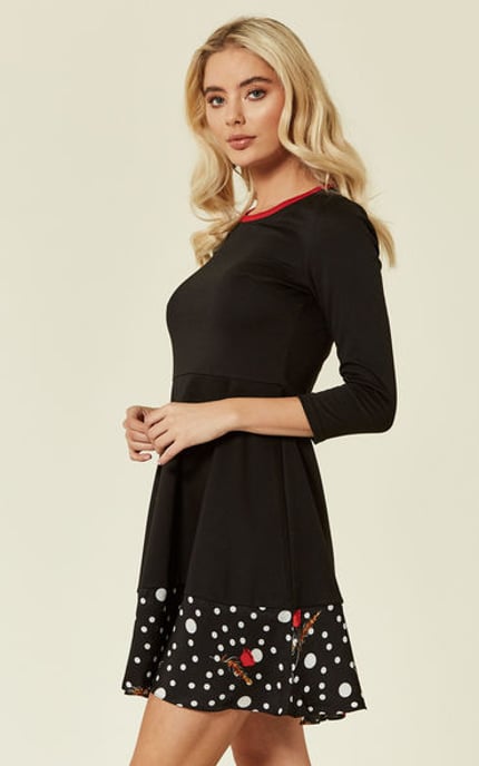 Pearls Dream Long Sleeve Mini Polka Dot Skater Dress in Black