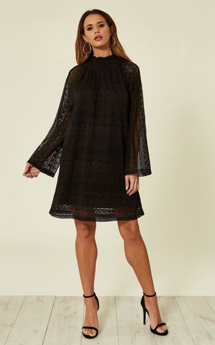 Layla Lace Longsleeve Shift Dress in Black