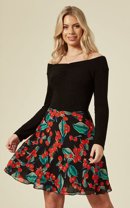 Off The Shoulder Cherry Print Mini Dress