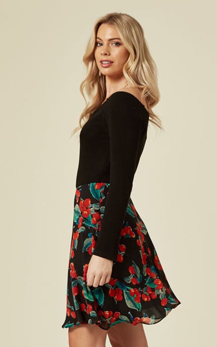 Off The Shoulder Cherry Print Mini Dress