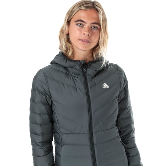 Women's adidas Varilite Hooded Down Jacket in Charcoal