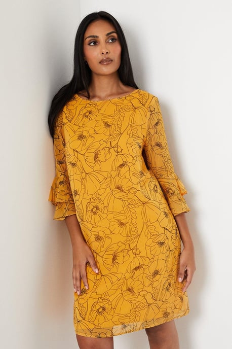 Petite Stencil Floral Flute Sleeve Shift Dress
