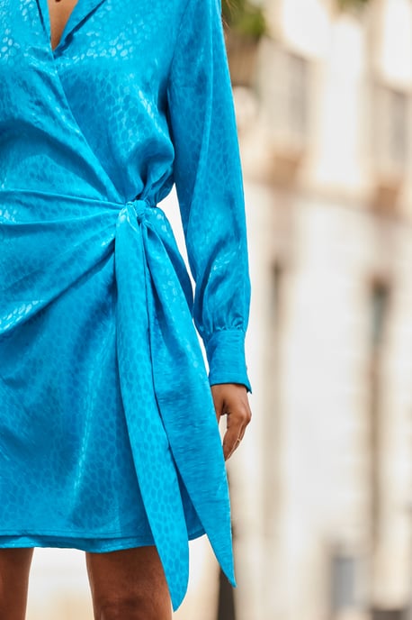 Azure Blue Satin Jacquard Wrap Dress