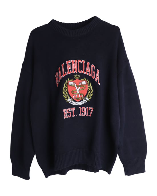 Balenciaga Oversized Broderad Collegemärke Tröja i Mörkblå Bomull - Image 1