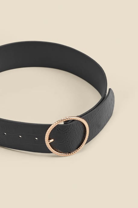 Black Croc Leather Belt With Round Buckle