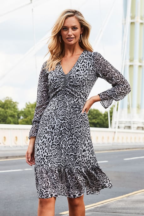 Snow Leopard Print V Neck Fit & Flare Dress