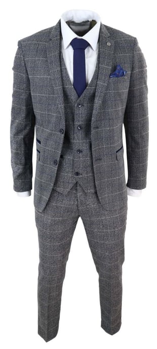 Heren 3-delig grijs met blauw geruit vintage klassiek pak - Image 2