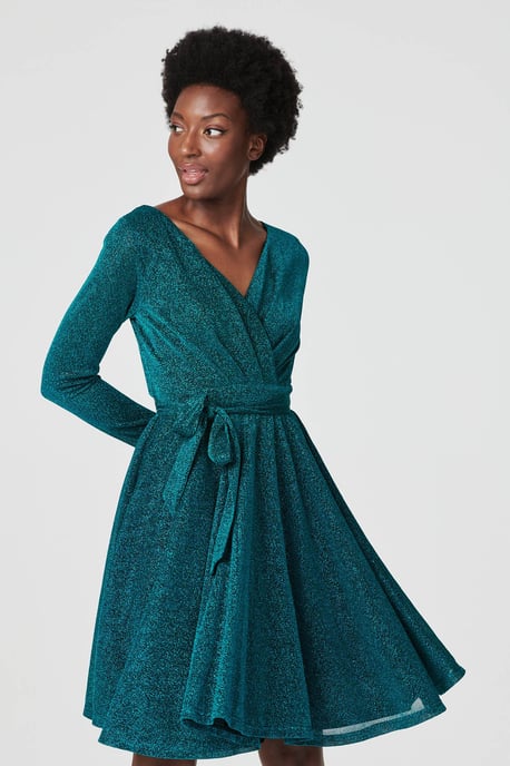 Lurex Wrap Front Fit & Flare Dress