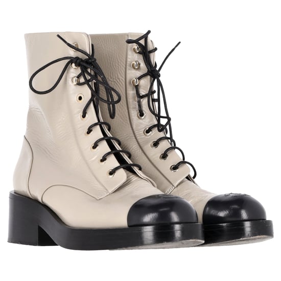 Chanel CC Interlocking Logo Combat Lace-Up Boots in Beige Calfskin Leather