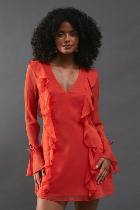 Chiffon Ruffle Detail Tie Sleeve Mini Dress - Image 1