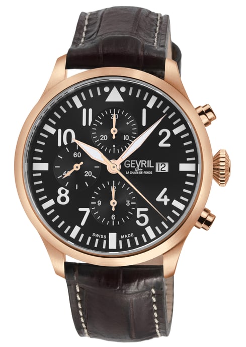 Gevril Vaughn Chronograph Brown Leather Swiss Automatic ETA 7750 Watch