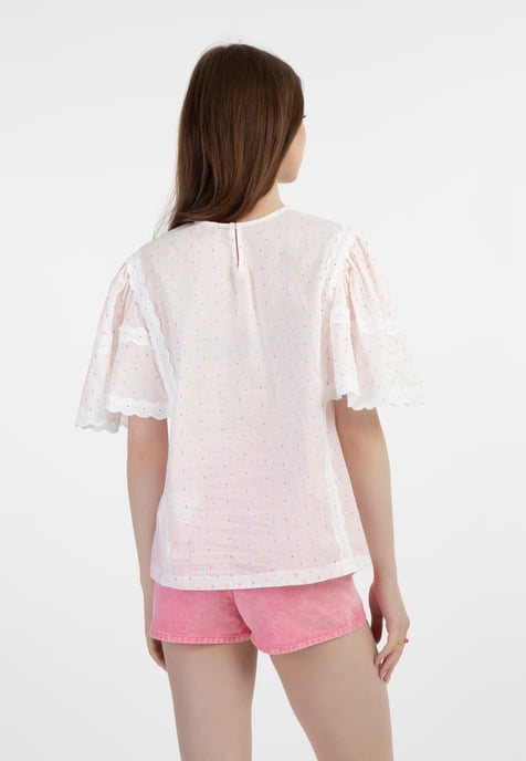 Mymo blouse met kant Dames Wit roze oranje stippen - Image 4