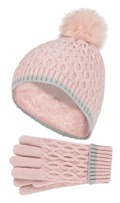 Heat Holders - Girls Thermal Insulated Pom Pom Bobble Beanie Hat and Gloves | Colourful Pastel Styles - Dusky Pink - Image 1