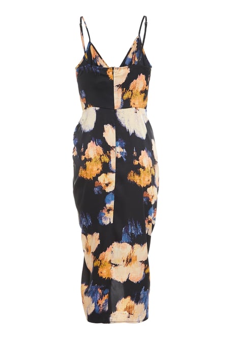 Black Satin Floral Ruched Midi Dress