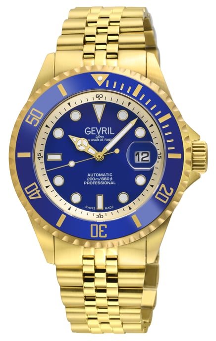 Gevril Mens Wall Street Swiss Automatic Sellita SW200 Bright Blue Enamel Dial, IPYG Satin and Polished Bracelet Watch