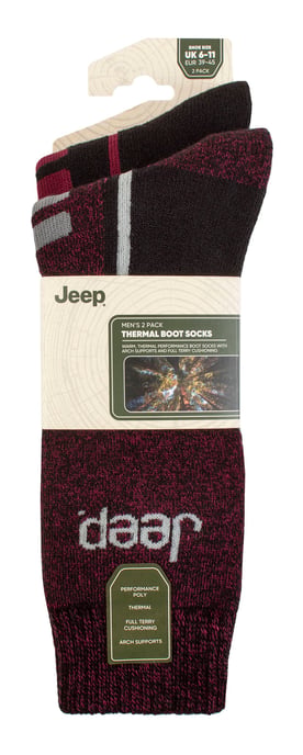 Mens Thermal Winter Socks | Jeep | Thick Ribbed Design Warm Knitted Boot Socks | Chunky Performance Socks - Black / Berry - Image 2