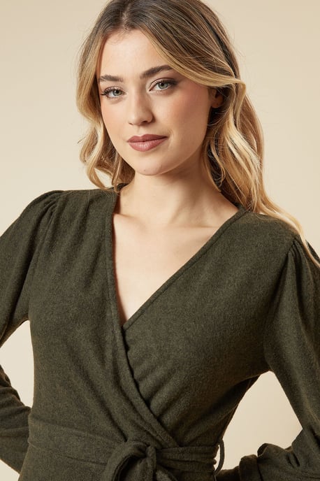 Brushed Wrap Belted Midi Dress