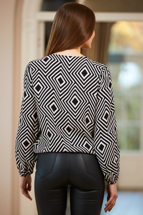 Black & Ivory Geometric Print Gold Tab Detail Top