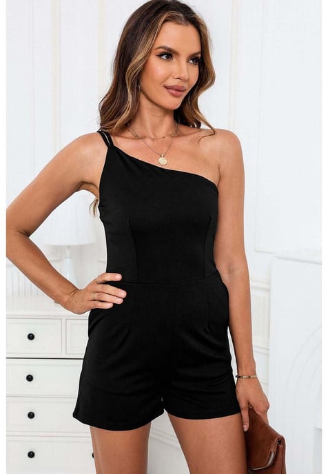 Women's One Shoulder Side Pocketed Romper in Black - Image 2