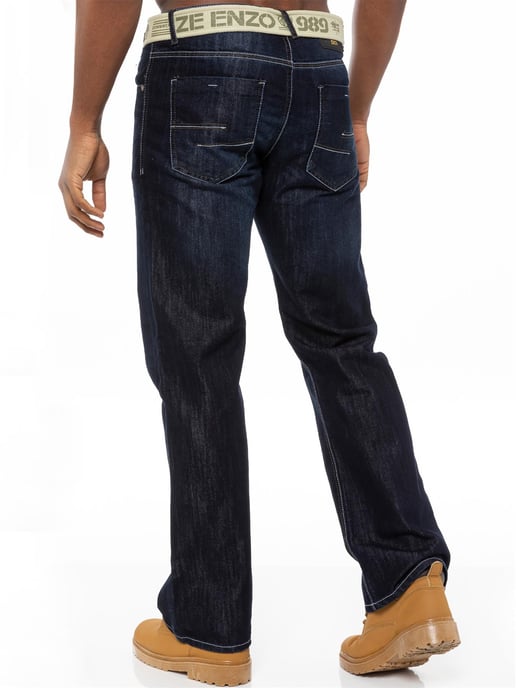 Enzo | Men's Regular Fit Denim Jeans With Belt - Dark Blue - Image 3