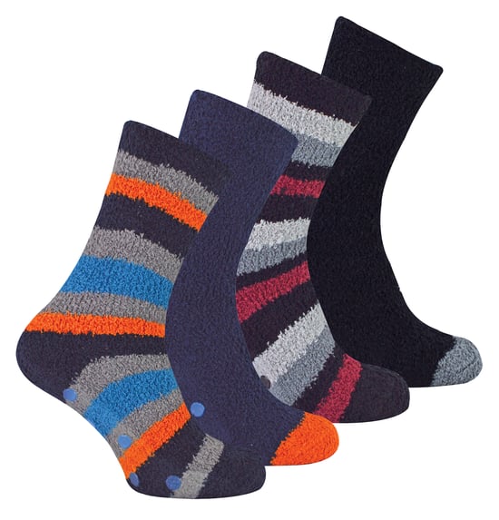 4 par sängstrumpor för herrar |Thermal Anti Slip Fuzzy Slipper Socks - Svart / Orange Stripe - Image 1