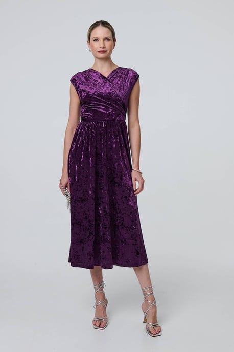 Purple Crushed Velvet Fit & Flare Midi Dress