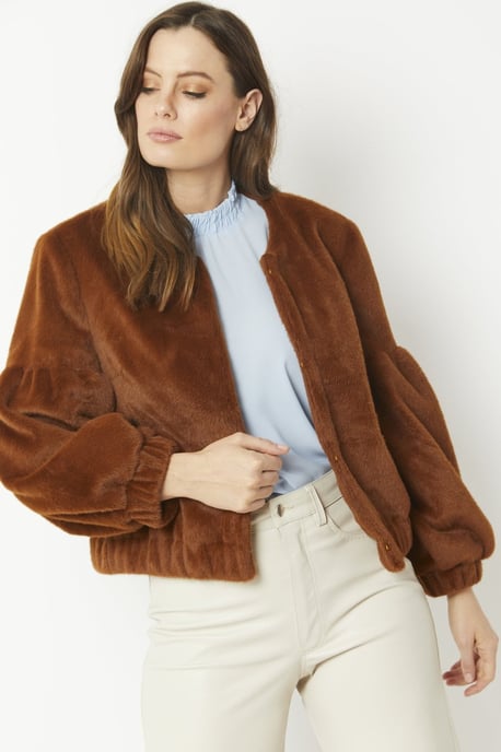 Cashmer Efect Cropped  Faux Fur Jacket with Puff Sleeves