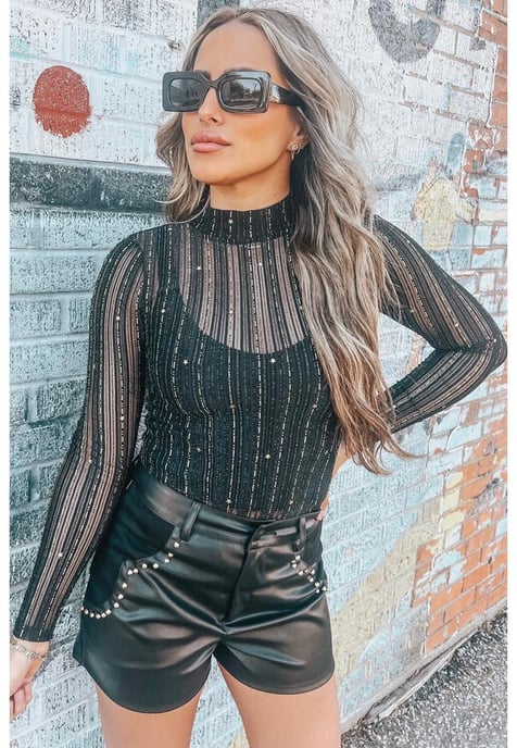 Women's Mesh Mock Neck Long Sleeve Bodysuit in Black - Image 2