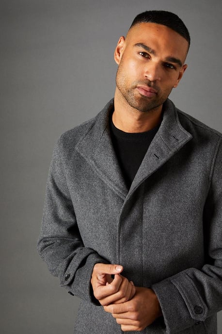 Mid Grey Signature Funnel Neck Wool Blend Coat