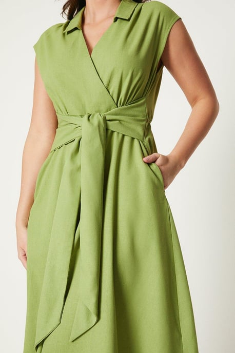 Linen Blend Belted Midi Dress