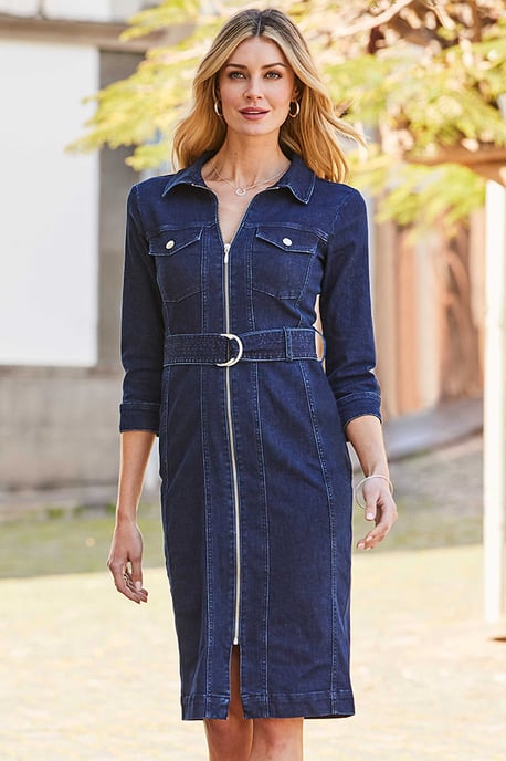 Dark Indigo Zip Front Belted Denim Dress