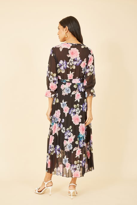 Yumi Black Floral Pleated Wrap Midi Dress