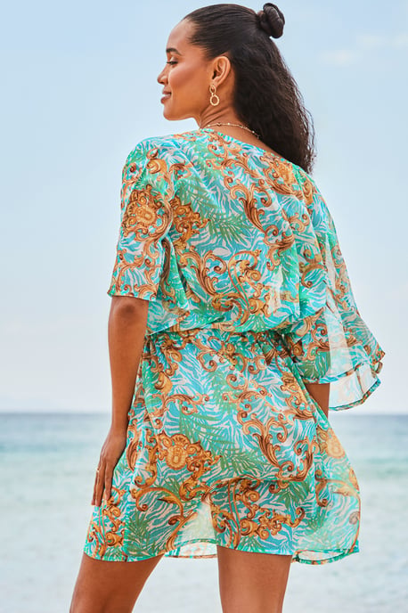 Green Baroque Print Tie Waist Beach Kaftan