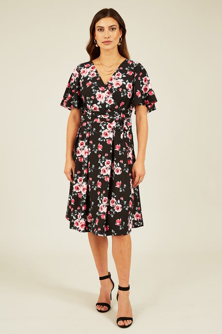 Black Floral Wrap Dress With Angel Sleeve