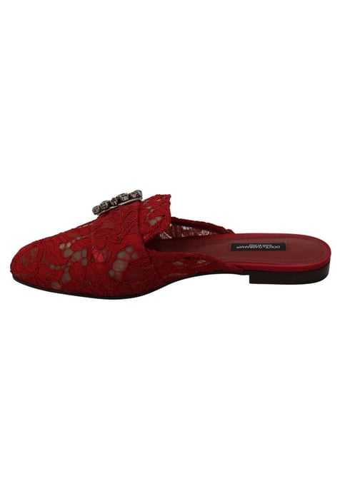 Dolce & Gabbana Women's Red Lace Crystal Slide On Flats Shoes