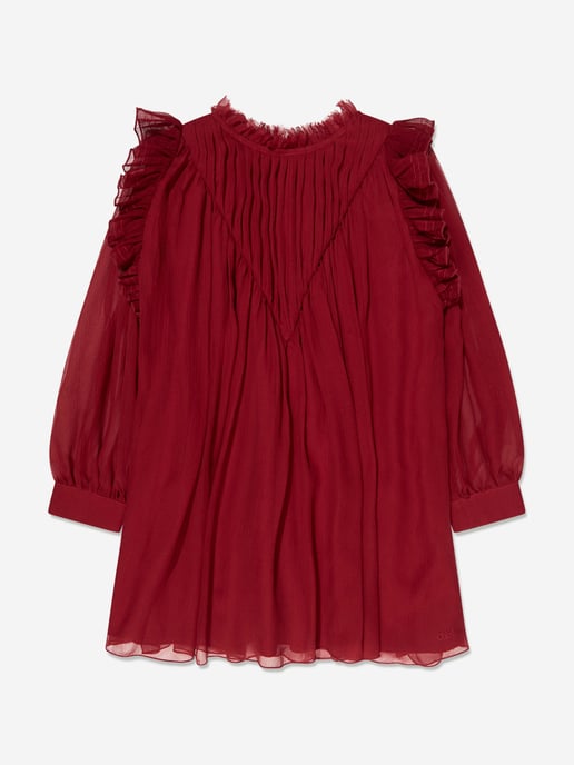 Chloé Girls Pleated Silk Ceremony Dress in Red - Image 1