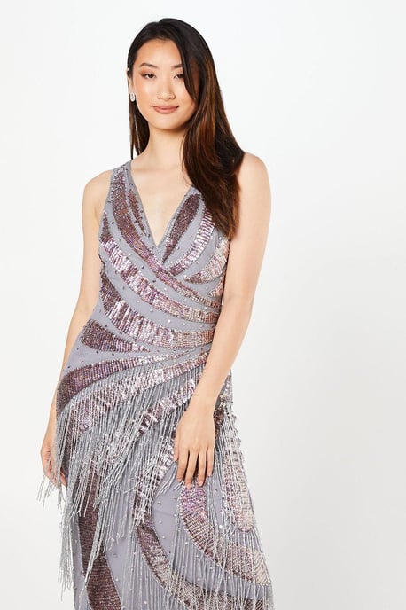 Hand Embellished Fringe Sequin Midi Dress