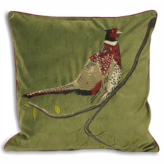 Paoletti Hunter Velvet Embroidered Pheasant Piped Cushion Cover - Image 1
