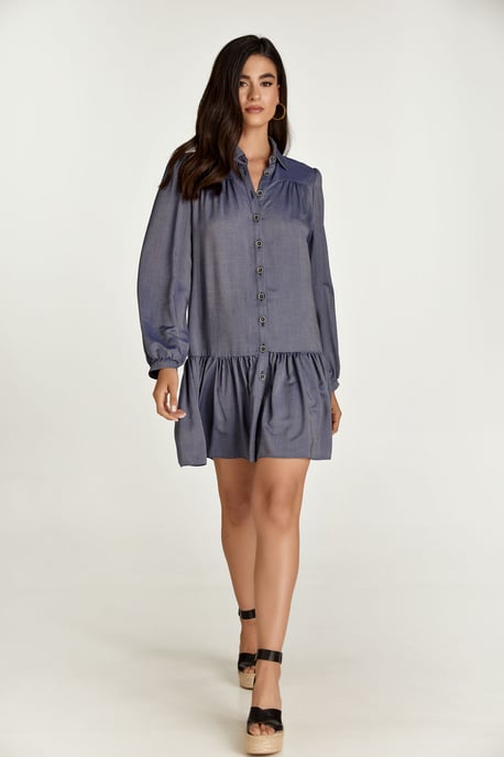 Blue Denim Style Dress with Buttons - Image 1