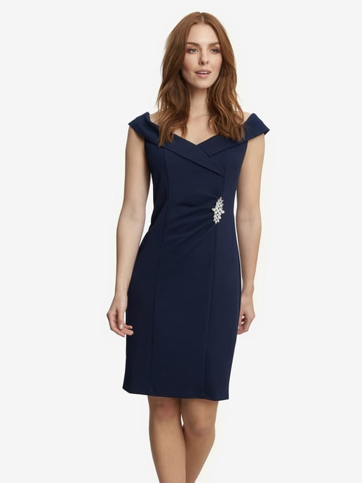 Goldie Short Off The Shoulder Sheath Dress With Ruched Waist And Embellishmnet Detail