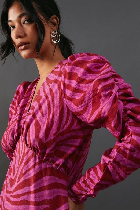 Pink Zebra Print Viscose V Neck Long Puff Sleeve Midi