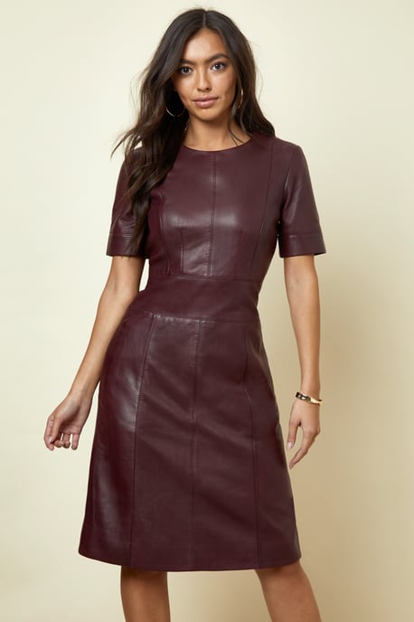 Burgundy Leather Panelled Shift Dress