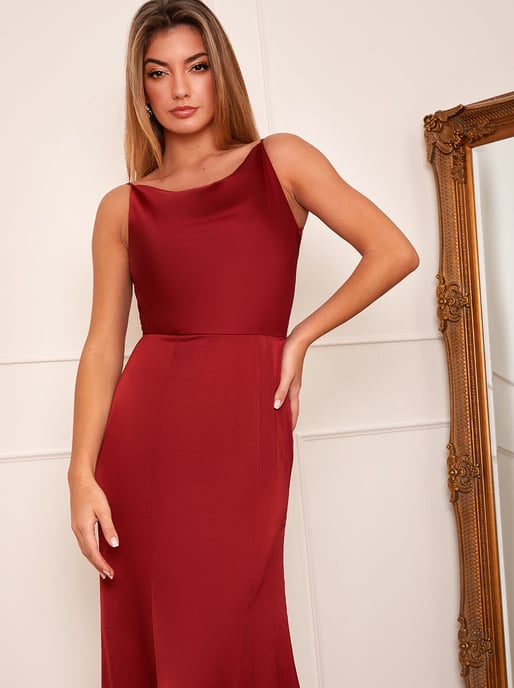 Cowl Neck Satin Slip Maxi Dress in Orange