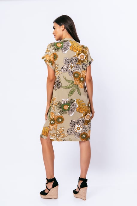 Linen Style Bold Floral Print Dress with Mandarin Collar