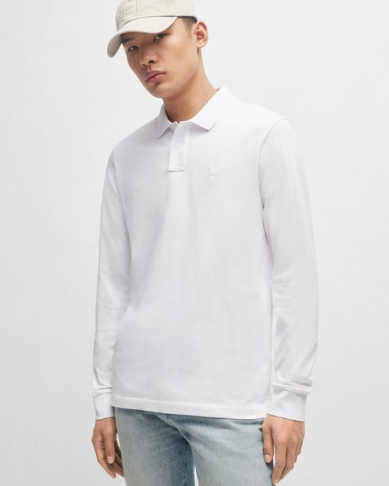 BOSS Orange Passerby Mens Long Sleeve Stretch-Cotton Polo Shirt with Logo Patch - Image 1