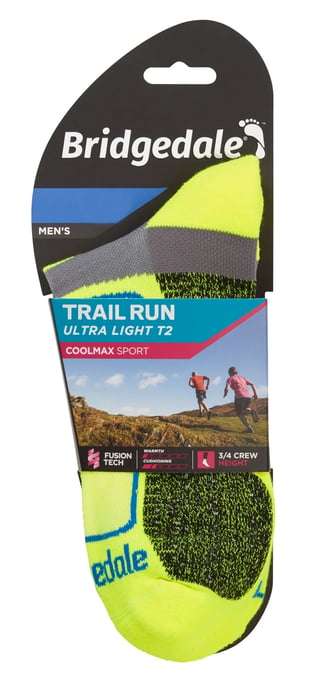 Bridgedale - Mens Trail Running Ultralight T2 Coolmax Sport 3/4 Crew Socks - Yellow - Image 2