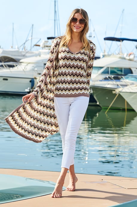 Neutral Metallic Chevron Print Longline Cardigan