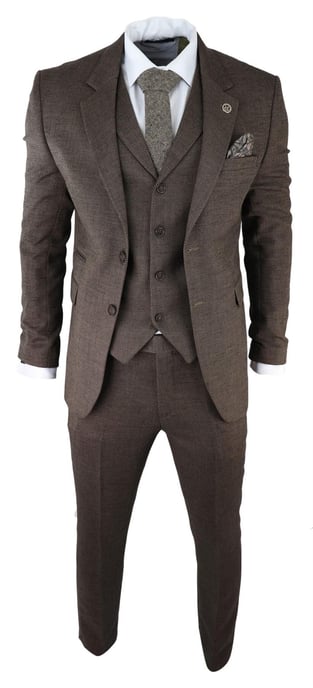 Mens Brown 3 Piece Tweed Herringbone Suit Peaky Blinders Classic Tailored - Image 2
