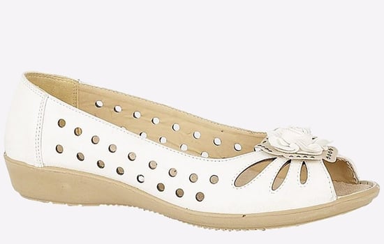 DAYNA Ladies Faux Leather Flower Peep Toe Flats White - Image 1