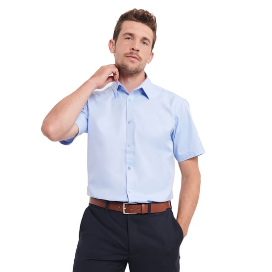 Russell Collection Mens Herringbone Short-Sleeved Shirt (Light Blue) - Image 2